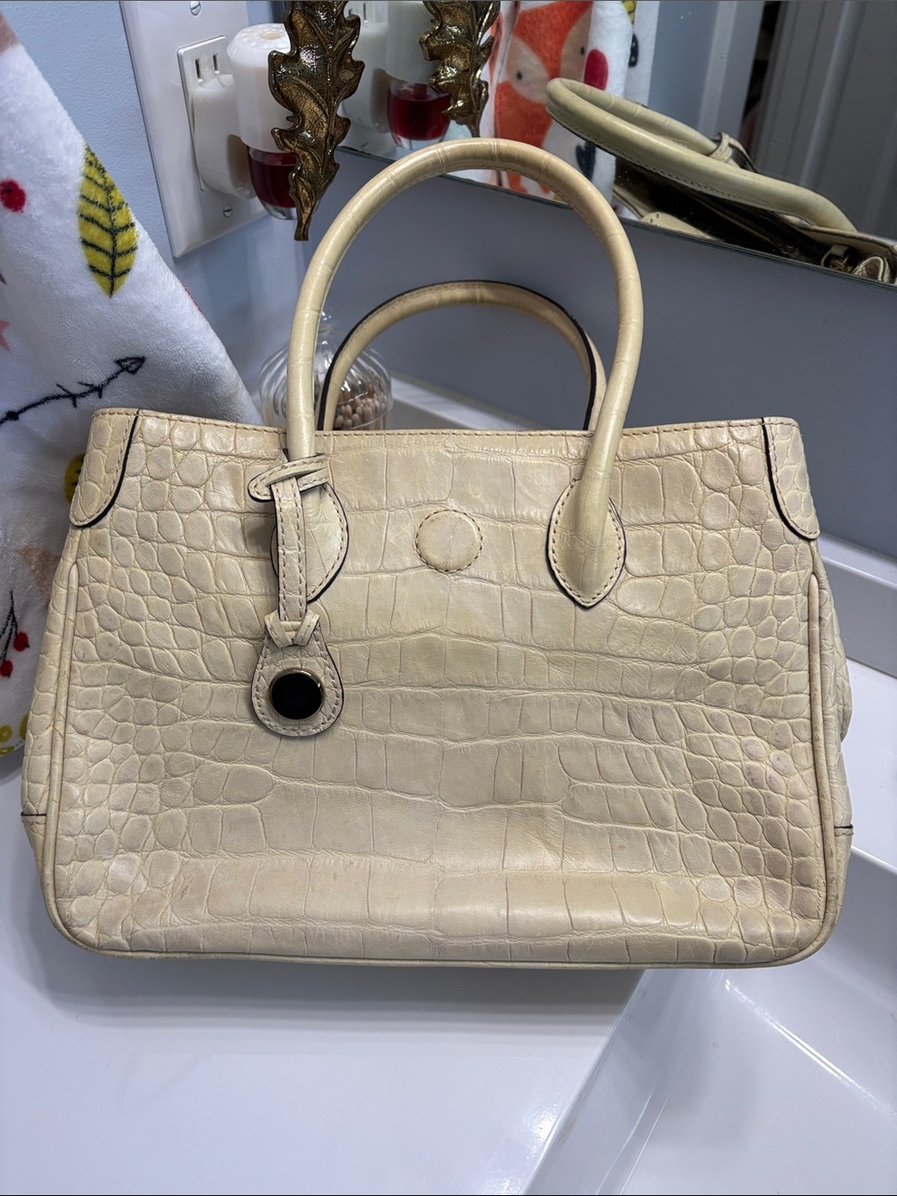 Dooney & Bourke Cream Croc-Embossed Leather Satchel